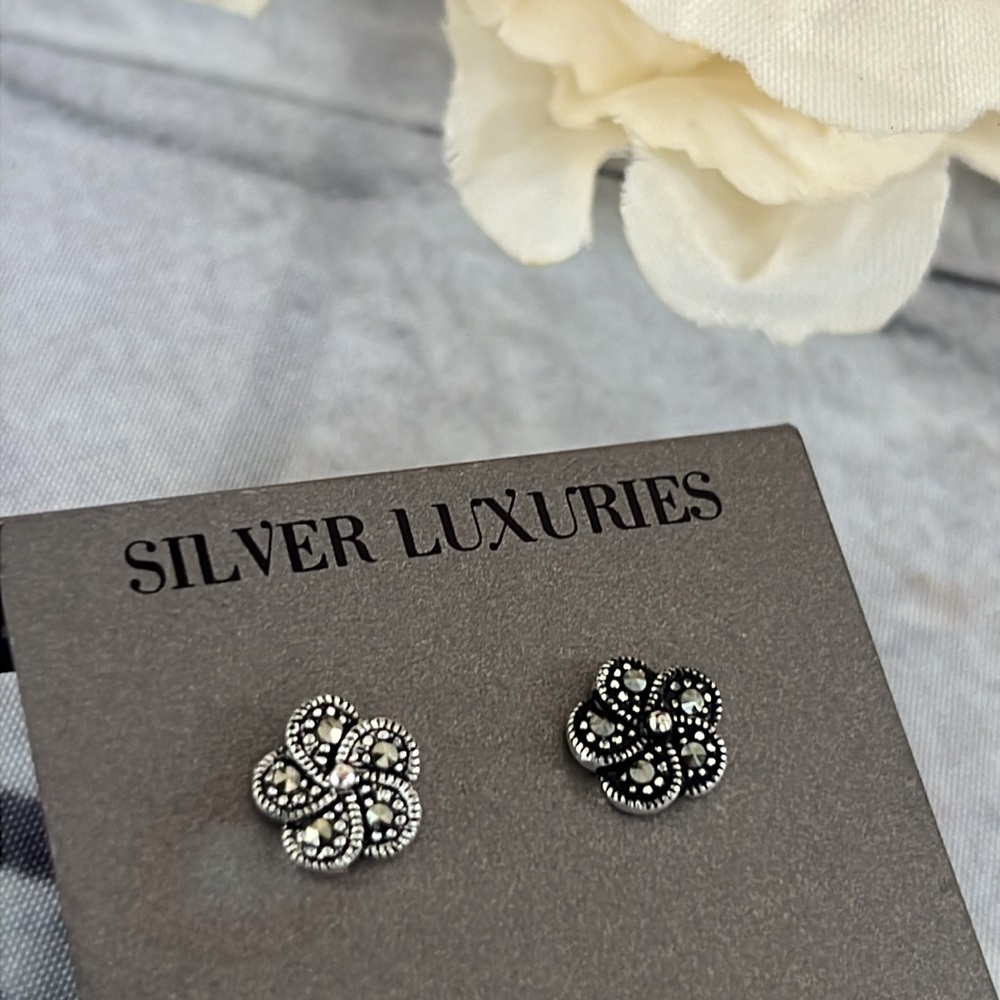 Genuine Marcasite dainty small flower studs marked LA
